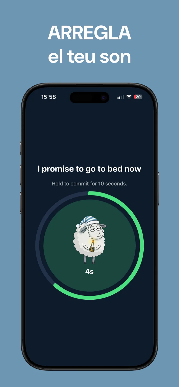 ARREGLA el teu son — Recordatori Son: Dormir a iPhone mostrant el recordatori nocturn i la pantalla de mantenir premut per comprometre's