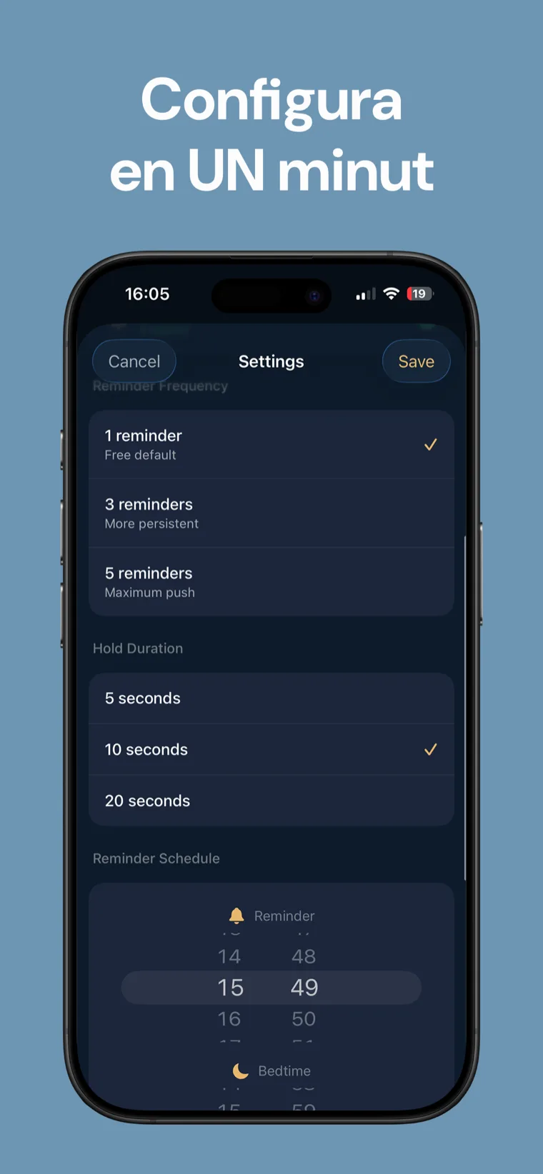 Configura en UN minut — Pantalla de configuració de Recordatori Son: Dormir amb l'hora de recordatori i l'hora d'anar a dormir