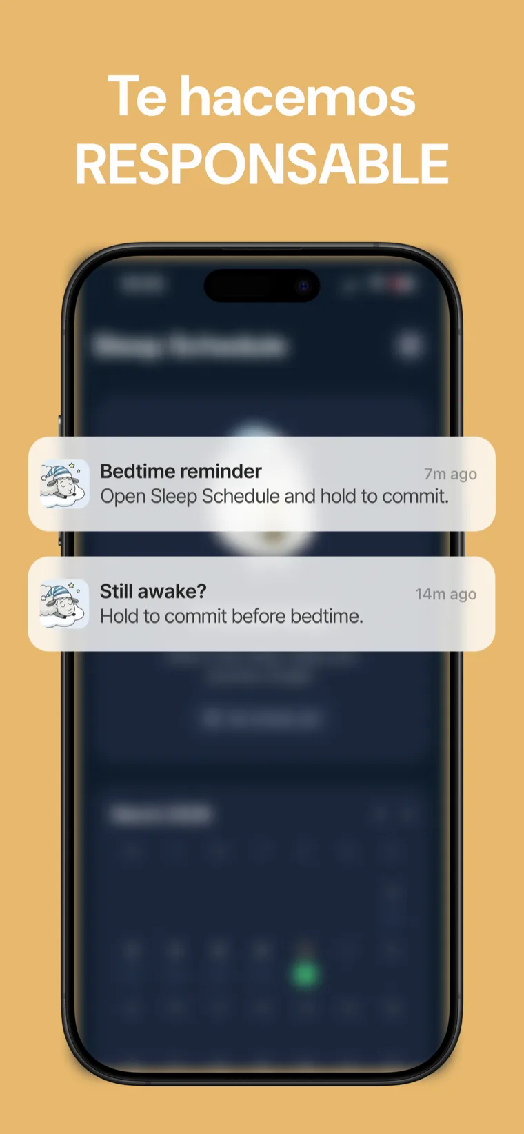 Te hacemos RESPONSABLE — Historial de calendario de Recordatorio Sueño: Dormir con noches verdes y rojas y un contador de racha