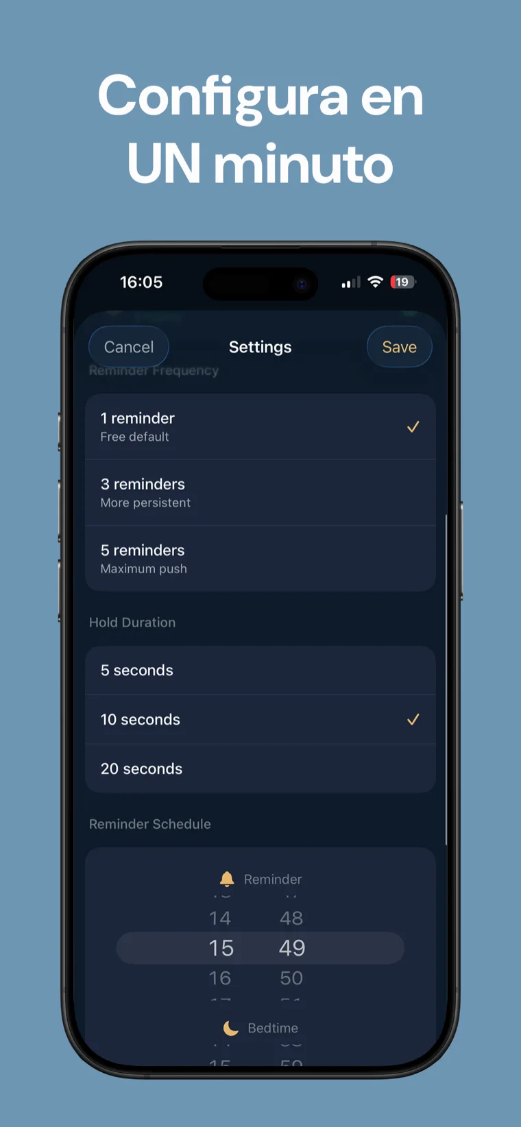 Configura en UN minuto — Pantalla de configuración de Recordatorio Sueño: Dormir con una hora de recordatorio y una hora de acostarse