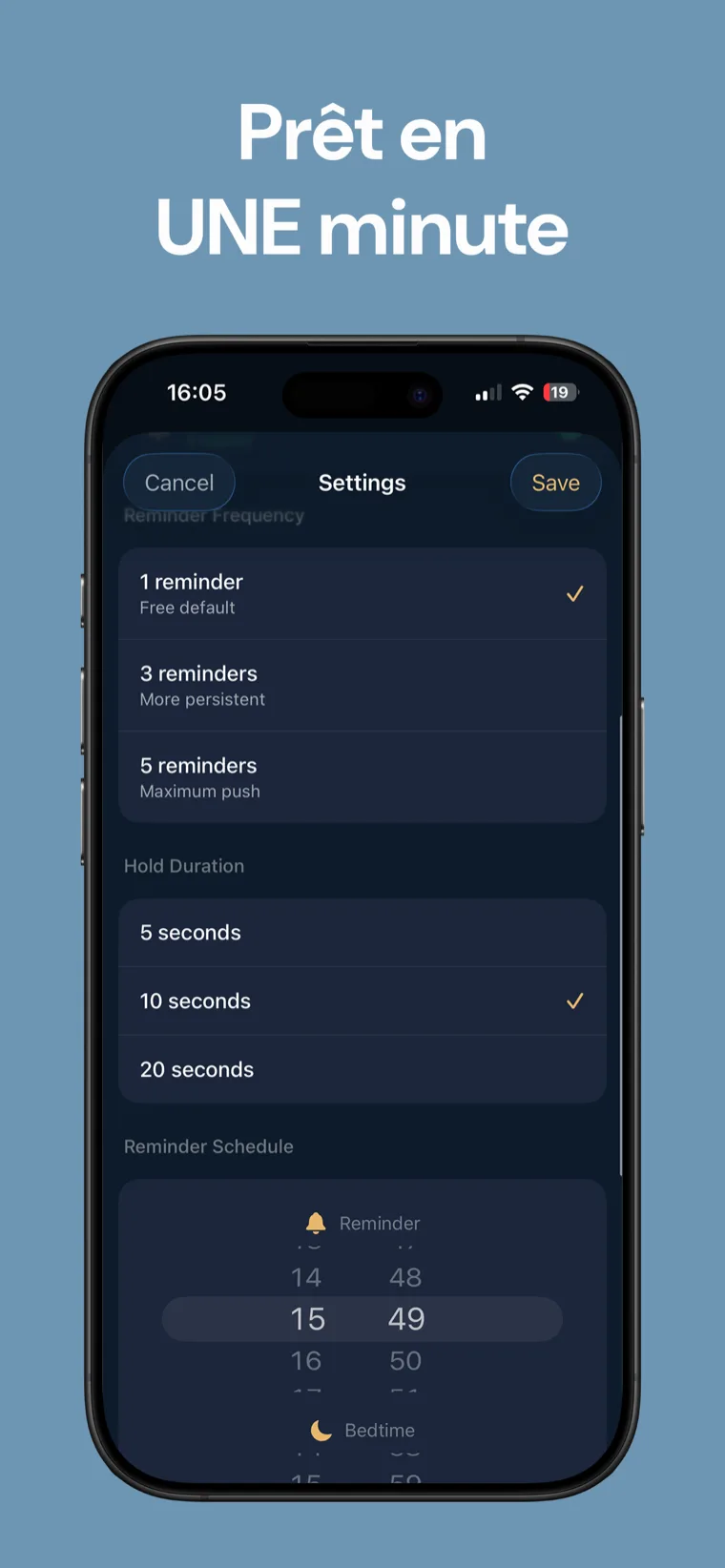 Prêt en UNE minute — Écran de configuration de Rappel de Coucher avec une heure de rappel et une heure de coucher