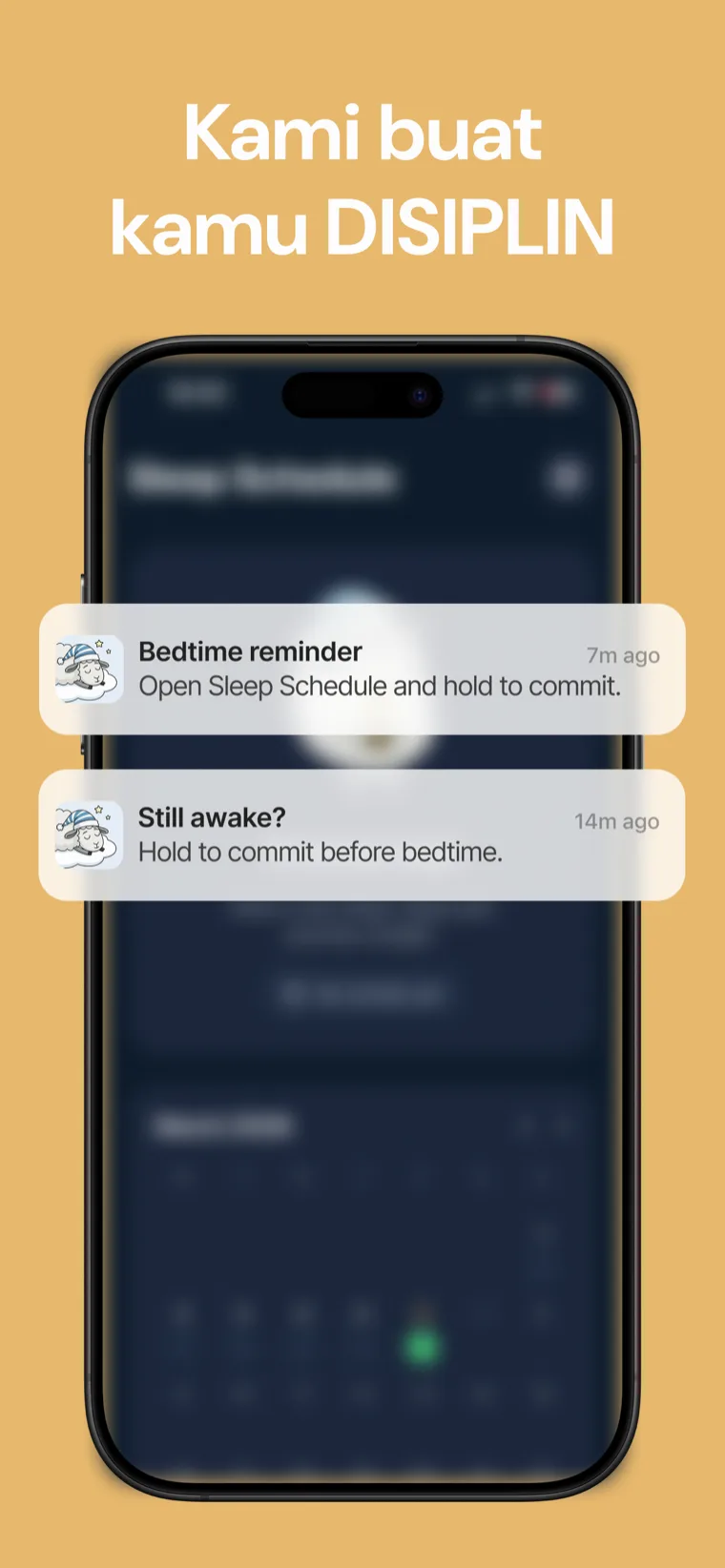 Kami buat kamu DISIPLIN — Riwayat kalender Pengingat Tidur dengan malam hijau dan merah serta hitungan streak