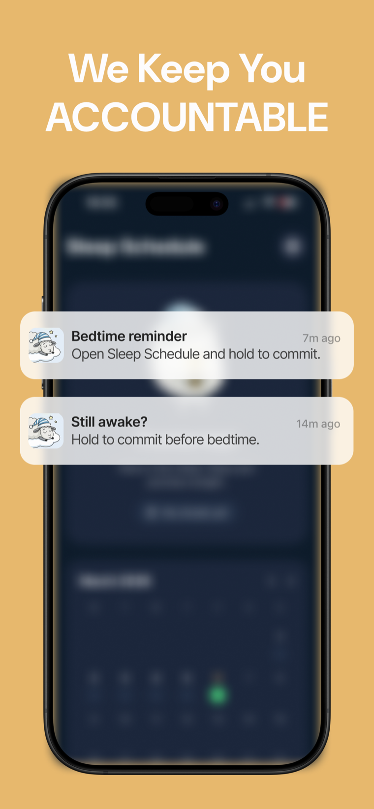 We Keep You Accountable — Bedtime Reminder calendar history with green and red nights and a streak count