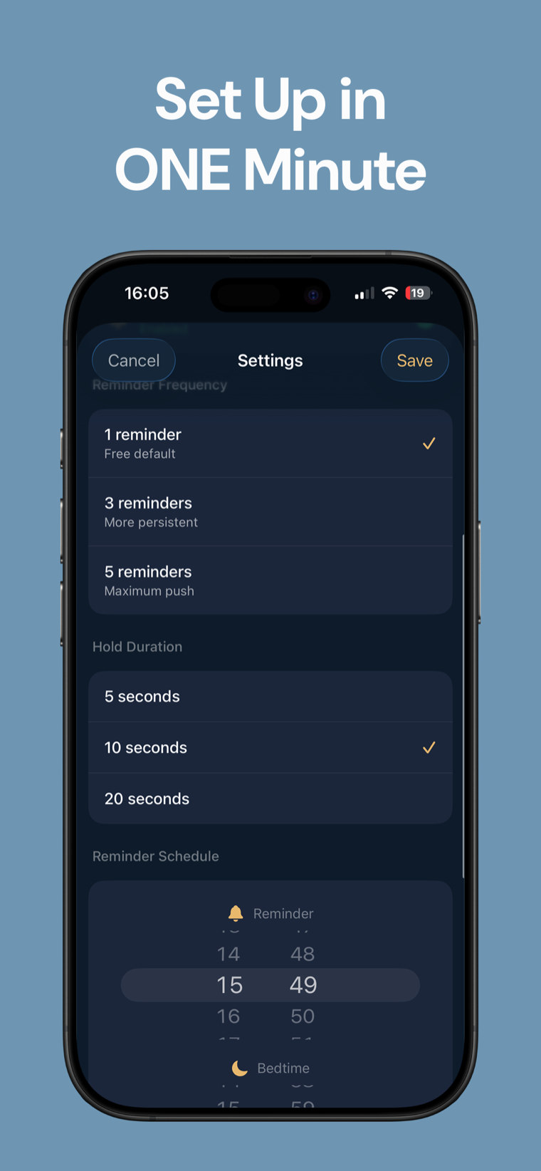 Set Up in One Minute — Bedtime Reminder setup screen with a reminder time and a bedtime