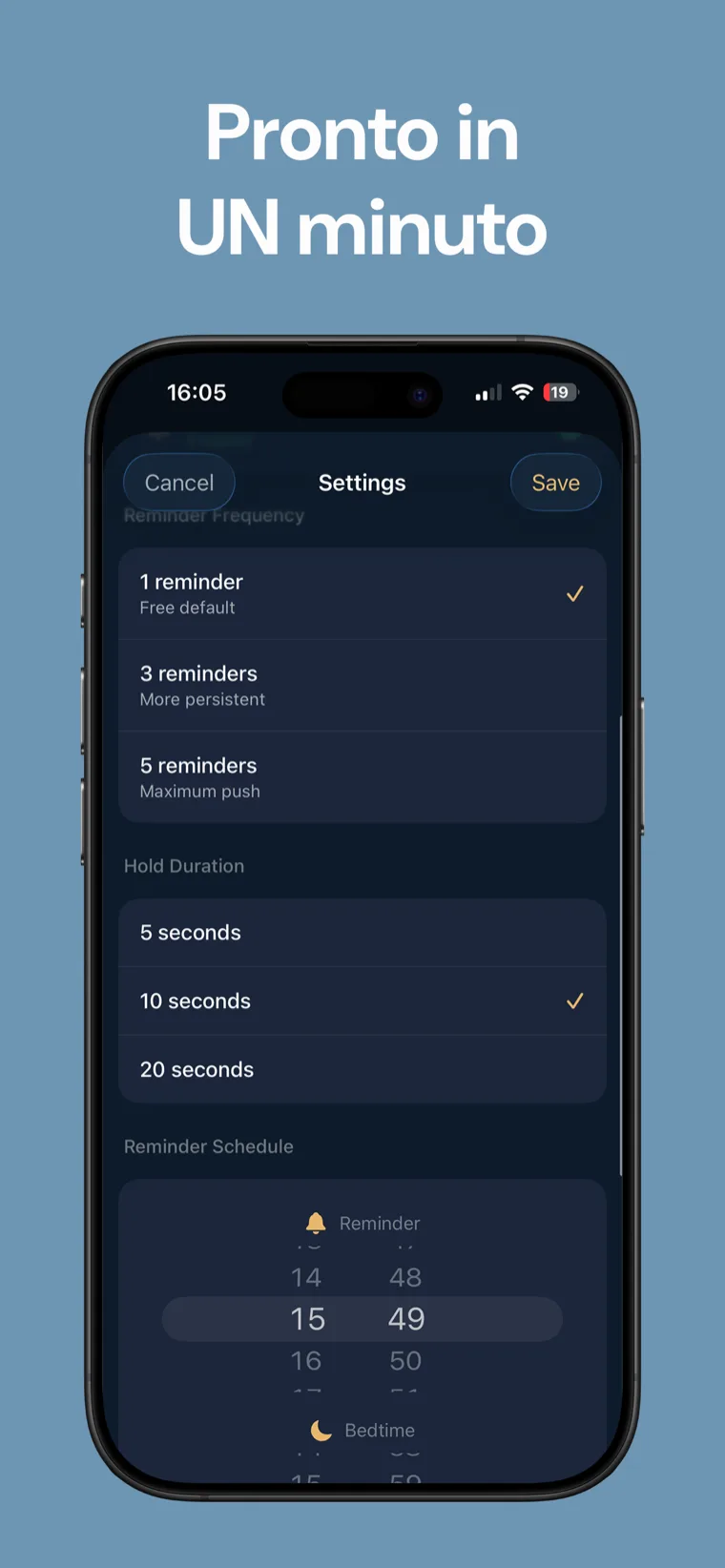 Pronto in UN minuto — Schermata di configurazione di Promemoria Sonno con l'orario del promemoria e l'ora di andare a letto